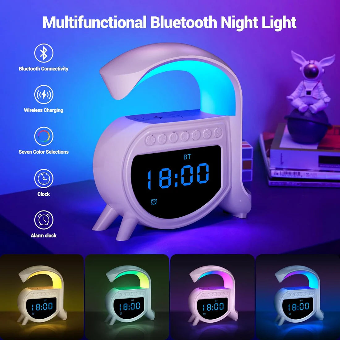 Lampa Smart A RGB, ceas cu alarma, difuzor Bluetooth si incarcator rapid wireless